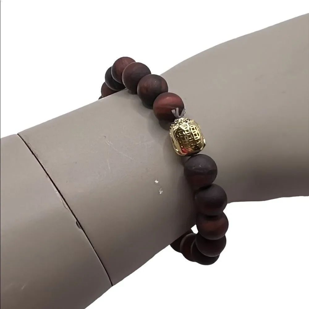 Kesi Jewels Macy's HE22 Tiger Eye Brown Gold Tone Buddha Bead Bracelet NWT